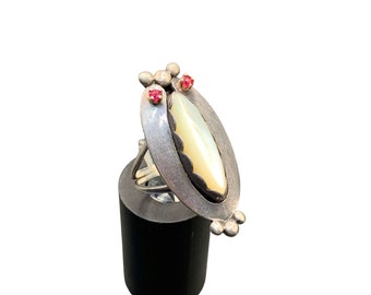 Sterling Silver MOP Native Ring Signed JN Size 5.75 Altered with 2 Added Rubies