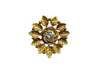 MMA Vintage Gold Leaf Brooch With Crystal Center By Joan Tate