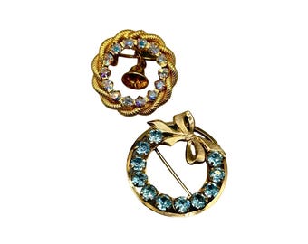 Set of 2 Gold Tone Wreath Pins Brooches with Rhinestones & Bell Accents