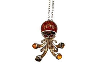 Sterling Silver Octopus Pendant Necklace: Genuine Amber Accent