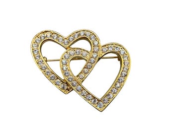 Double Heart Brooch With Clear Crystals & Gold Tone Finish Elegant Jewelry Accessory