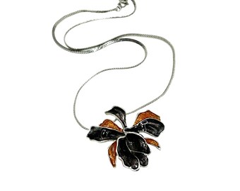 Orchid Necklace Orange Grey Enamel Silver Tone Chain Vintage Flower Necklace