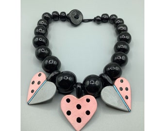 Artisan Ceramic Necklace Handmade Pink & Black Glazed Chunky Beads Hearts Charms