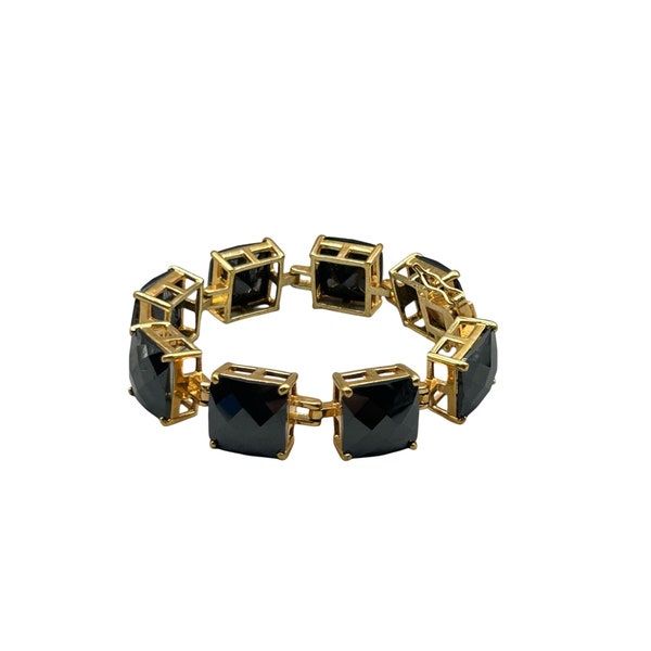 Chunky Statement Faceted Glass Bracelet Gold Tone Metal Big Square Stones