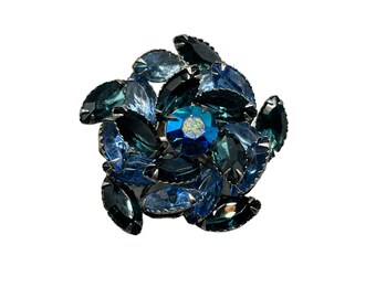 Vintage Layered Rhinestones Brooch Dark Blue Glass Stone Silver Tone Setting