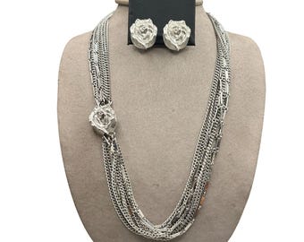 Vintage Silvertone Multi-Chain necklace With Rose Clasp And Matching Roses Clip On Earrings