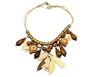 Ethic Design Necklace Vintage Chunky Beaded With Elephant Charms And Wood Beads
