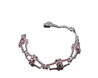 Vintage Older Rhinestones Bracelet Silver Color Metal Pink Stones and Marcasites