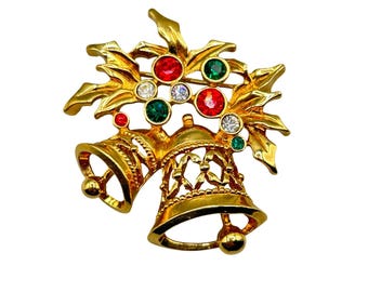 Christmas Bells Pin Brooch Vintage Holiday Jewelry Gold Tone Green Red Rhinestones
