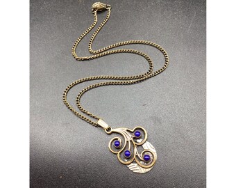 Vintage Spiral Pendant Necklace Blue Glass Stones Mixed Metal Curls Design