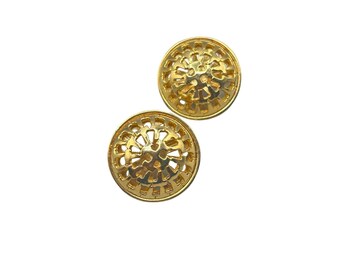 Vintage Gold-Tone Domed Clip On Earrings Round Button Cut Out Openwork Design
