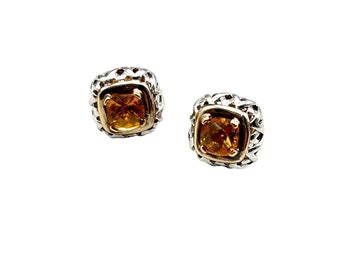 Two Tones Sterling Silver Citrine Studs Earrings Pierced Square Design Posts