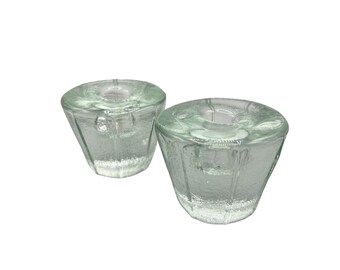 Pair of Heavy Chunky MCM Candlesticks Holders Recycled Glass Clear Pair Set of 2