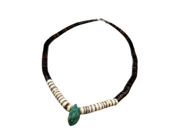 Vintage Native American Heishi Bead Necklace With Turquoise Stone