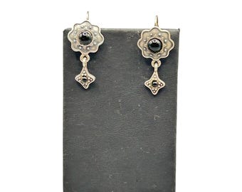 Vintage Dangle Earrings Lever Back Silver Tone Dangles Black Glass Cabochons