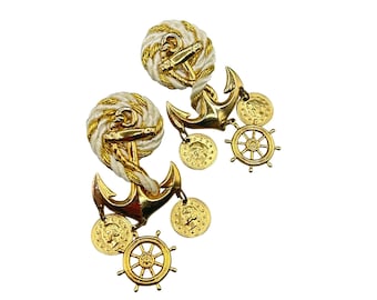Nautical Oversized Earrings 80s 90s Handcrafted Statement Assemblage Gold White