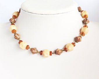 Glass & Wood Necklace Made in Germany Brown Neutral Tones Art Glass Beads