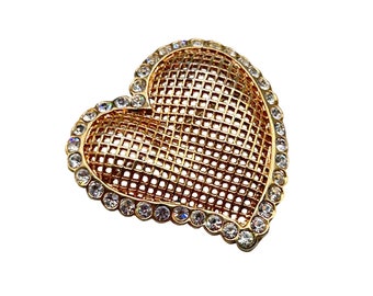 Vintage Puffy Heart Brooch Gold Tone Mesh Design with Rhinestones Love Brooch
