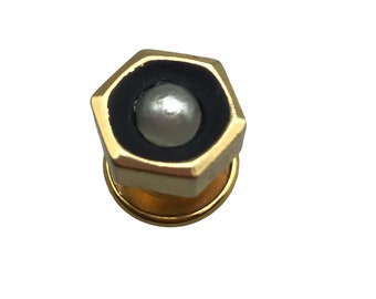 Hexagon Tie Pin Lapel Pin Gold Tone & Faux Pearl Center Vintage Pin Accessories