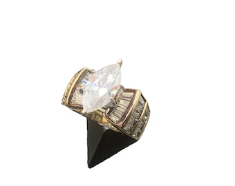Gold Over Sterling Ring Cz Sterling Silver 925 Multi Row Marquise Raised Design