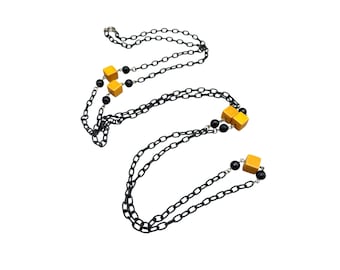 Vintage Chain Necklace With Butterscotch Bakelite Cube Beads Very Long