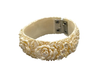 Vintage White Celluloid Floral Clamper Bracelet With Rhinestone Accents