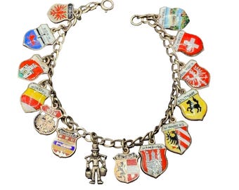 Shields Bracelet Vintage 800 Silver European Enamel 14 Shield Travel Charms