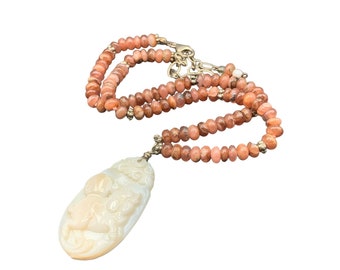 Mother Of Pearl Carved Pig Pendant Necklace Pink Semi-Precious Gemstone Necklace