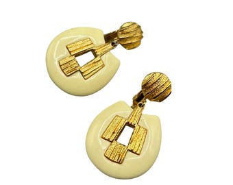 Vintage Clip On Earrings Dangles Gold Tone And Cream Off White Celluloid Plastic