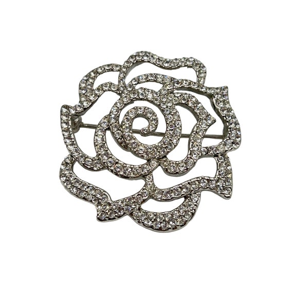 Vintage Rhinestone Pave Rose Flower Pin Brooch Si… - image 1