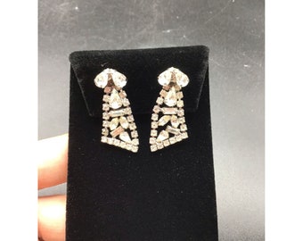 Vintage Rhinestones Clip On Earrings Silver Tone Clear All Prong Set Dangles