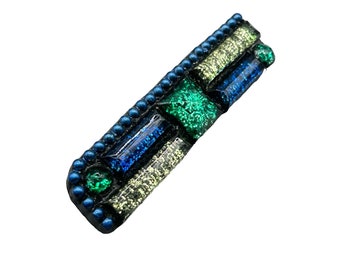 90s Handcrafted Brooch Blue and Green Glittery Pin Rectangle Geometric Design