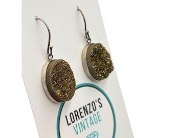 Golden Druzy Earrings Sterling Silver Pierced Drops Hook Dangling Earrings