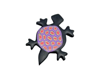 Turtle Shaped Polymer Clay Brooch Pin with Black Purple Colorful Design