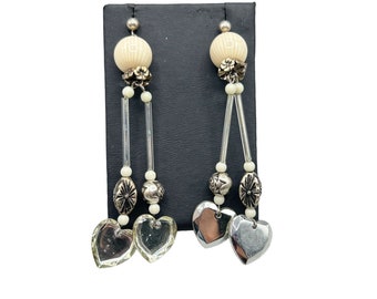 Vintage Statement Earrings Clear Lucite and Acrylic Hearts Long Dangles Pierced
