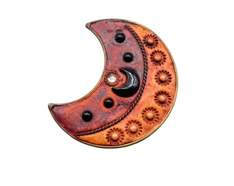 Vintage Handcrafted Moon Brooch Clay & Beads Crescent Moon Whimsical Jewelry