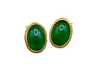 Vintage Clip On Earrings Gold Tone Green Glass Cabochon Oval Shaped