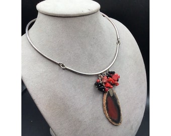 Sterling Silver Red  Black Slice Druzy Geode Necklace Coral  Onyx Chip Pendant