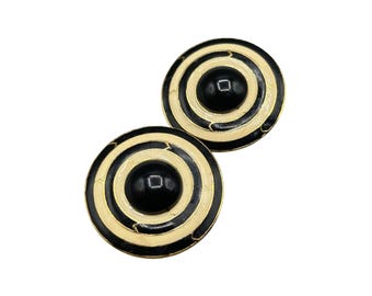 Vintage TAT Signed Black & Gold Clip On Earrings Enamel Cream Black Circles