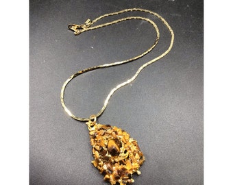 Brutalist Tiger Eye Pendant Necklace Gold Tone Drop Shaped Stones Pendant