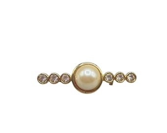 Vintage Bar Pin brooch Faux Pearl And Rhinestones Classic Gold Tone