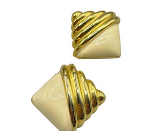 Classic 80s Clip On Earrings Ribbed Square Clips Beige Cream Enamel Over Gold Tone