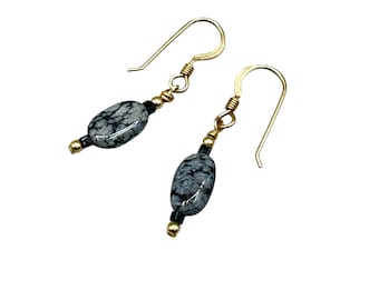 Vintage Snowflake Obsidian Dangle Earrings Pierced 14K Gold Filled Hooks