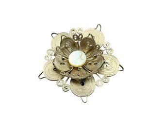 Vintage Spun Silver Wire & Mother of Pearl Flower Pin Brooch Handcrafted Jewelry