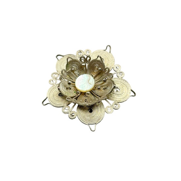 Vintage Spun Silver Wire & Mother of Pearl Flower Pin Brooch Handcrafted Jewelry