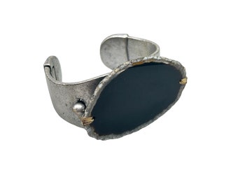 Unusual Black Stone Slab Cuff Bracelet Silver Tone Hinged Side Statement Cuff