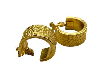 Vintage Signed MONET Clip On Hoops Earrings Wide Textured Classic Design