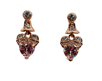 Rhinestone Pink Heart & Bow Dangle Earrings Rose Gold Plated Elegant Earrings