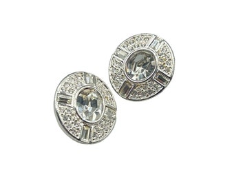 Signed NAPIER Vintage Pierced Studs Earrings Silver Tone and Clear Rhinestones