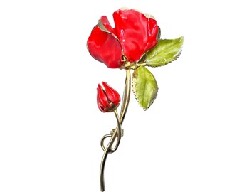 Rose Flower Pin Brooch Magenta Color 70s Enamel Stemmed Flower Power Pin